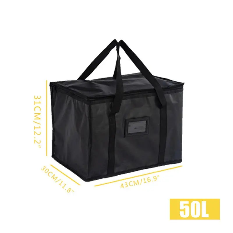 Portable large insulated food-delivery bag by Simples Market, black 50L with dual handles and front window