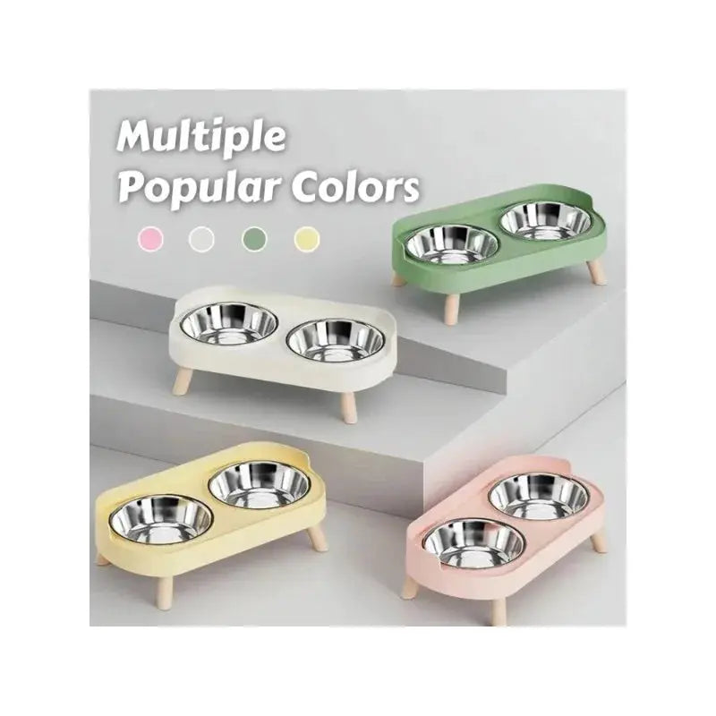 Simples Market dual stainless steel pet feeder with neck support; four pastel variants in green, pink, white, yellow