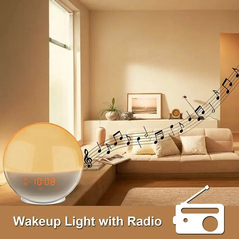Sunrise alarm clock on a living room desk with a warm orange glow, digital time display, and musical notes