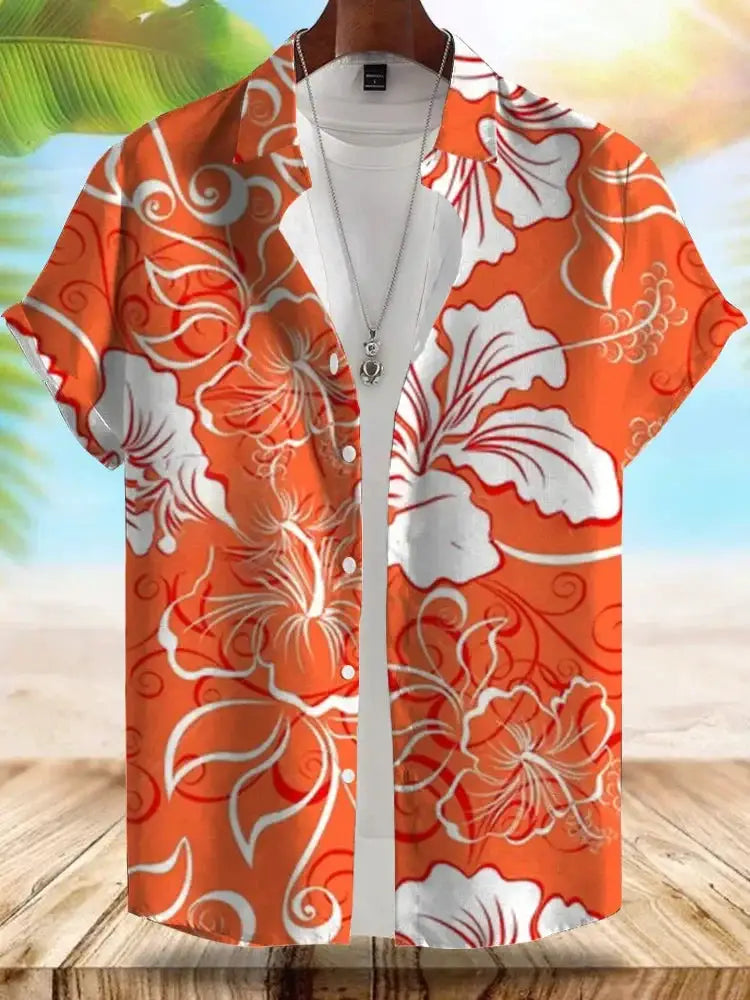 Simples Market Seaside Hawaiian men's short-sleeve shirt in orange with white hibiscus pattern, beach backdrop.