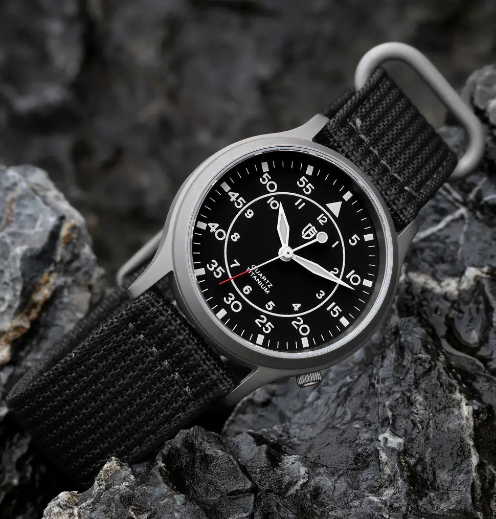 BERNY Titanium Watch for Men with black dial, silver case, black fabric strap, AR coating, luminous hands.