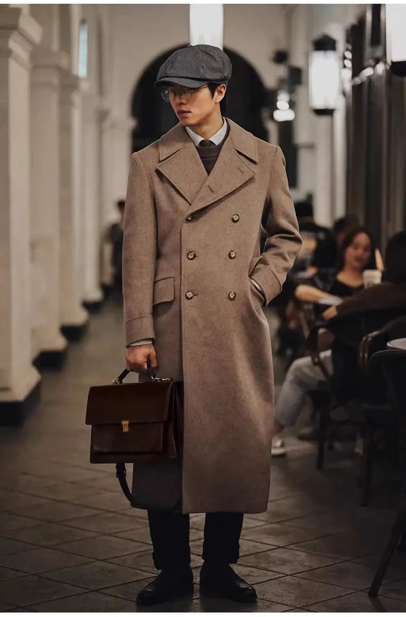 Mauroicardi men's long wool-blend overcoat, camel brown, double-breasted with wide lapels