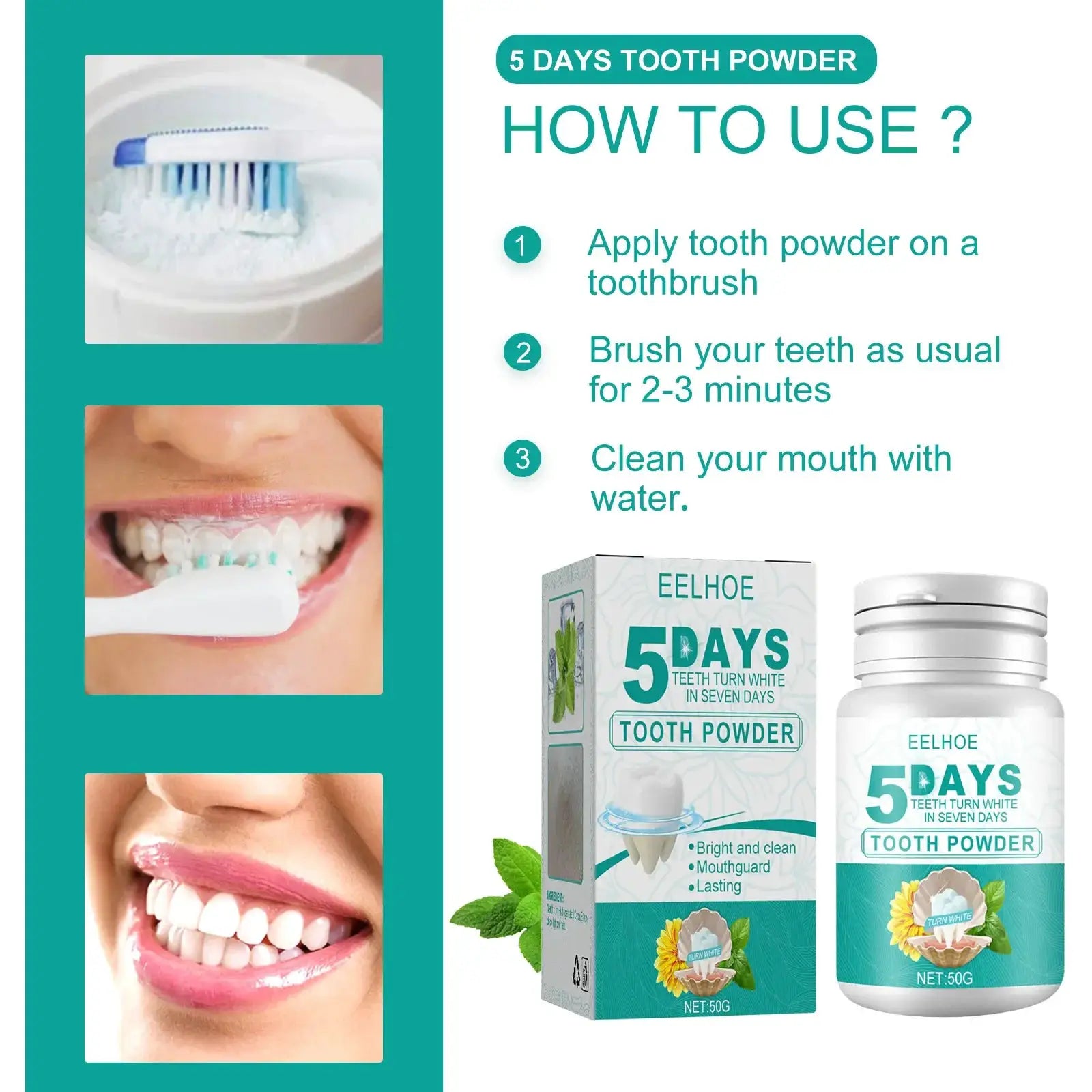 EELHOE 5 Days Tooth Powder box and bottle set with teal and white design
