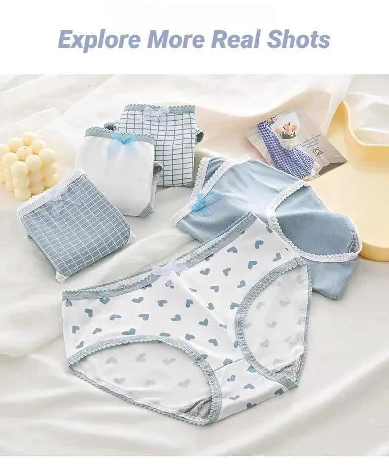 Simples Market 5pc women's soft briefs set with heart and plaid prints in light blue and white, lace trim