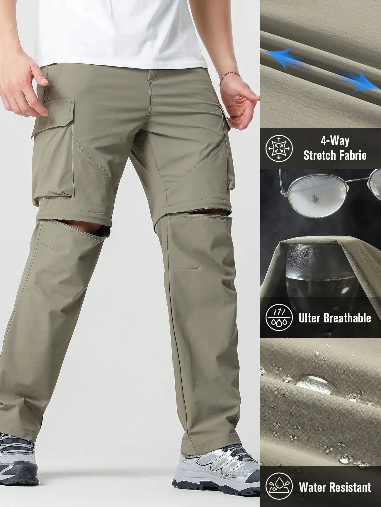 Simples Market Men's cargo hiking pants in olive green with cargo pockets and knee zippers.