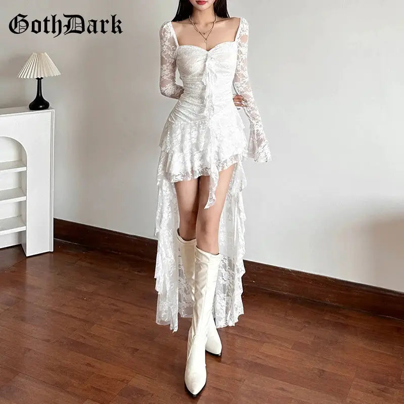 Nocturne Atelier Goth Lace Fairycore A Line Dress With Flare Sleeve Square Neck Irregular Hem For Cyber Y2K Party
