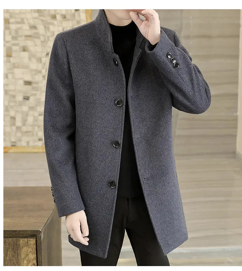 Men's long charcoal gray wool coat with stand collar and button-front closure; removable thickened down inner liner.