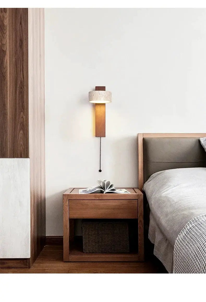 Bedside wall lamp in walnut wood with cream stone shade, pull switch, rotatable LED light