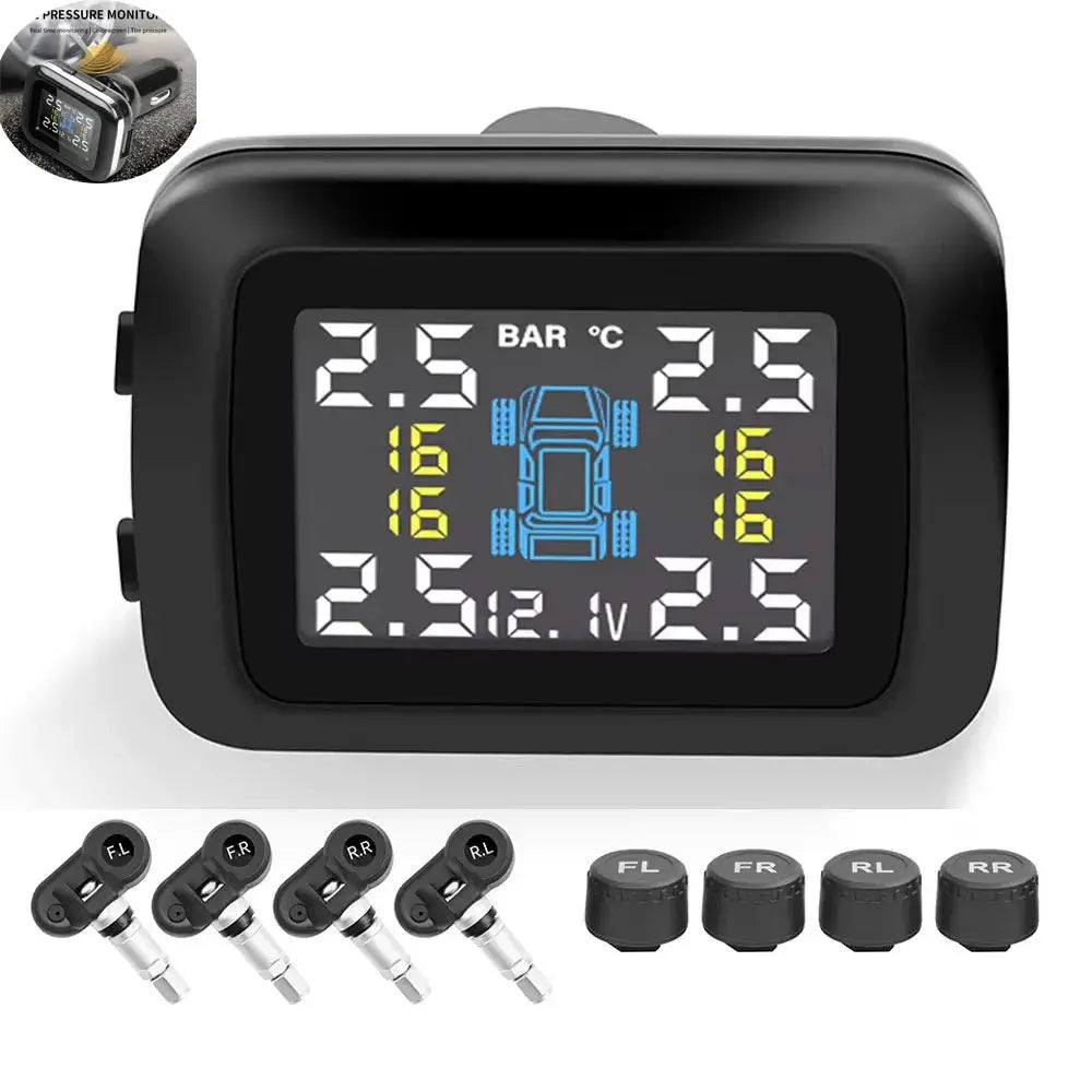 Simples Market car TPMS display with 4 sensor valves and 4 caps, black unit