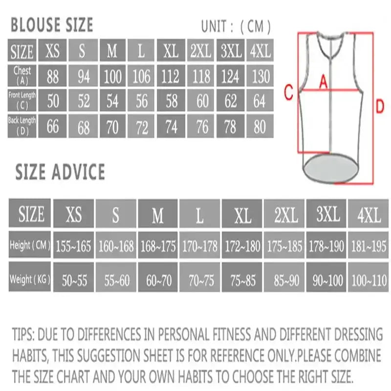 Rvouei cycling vest by Simples Market; sleeveless, windproof, lightweight with size chart showing chest and length.