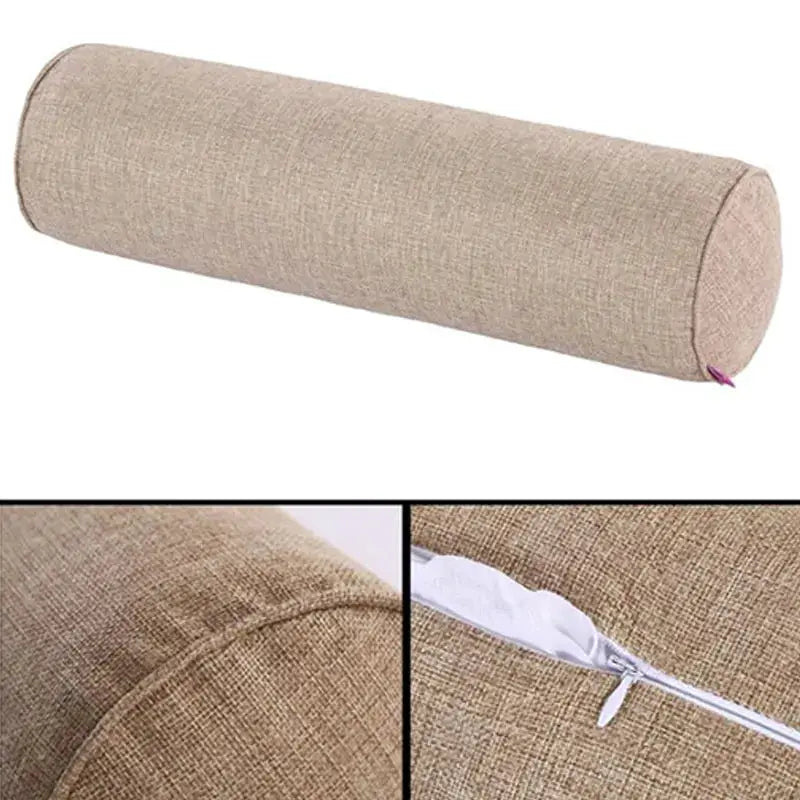 Cylindrical beige cotton-linen lumbar pillow cover with zip closure; no fill from Simples Market