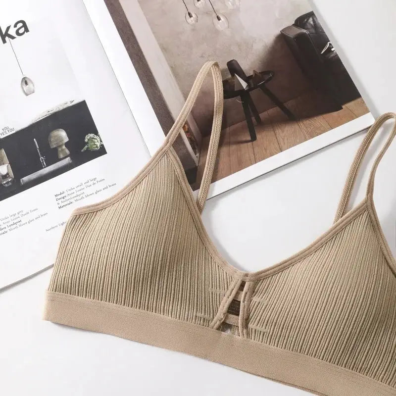 Beige ribbed hollow-out wireless bralette with thin straps for daily wear