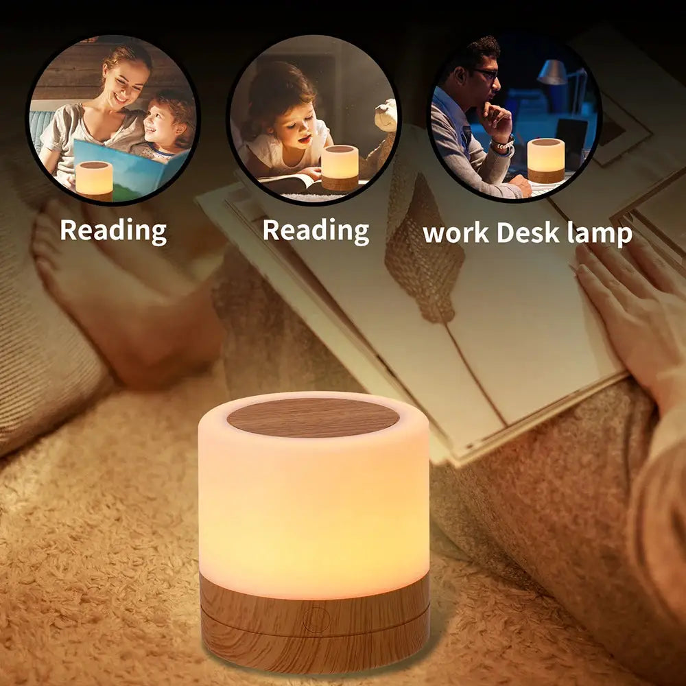 RGB night lamp by Simples Market with wooden base and color-changing bedside light, remote touch control