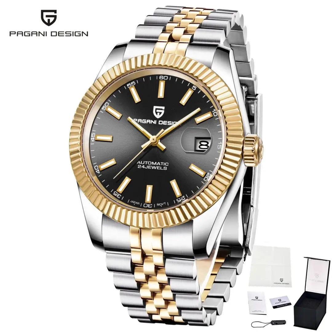 PAGANI DESIGN two-tone stainless steel automatic wristwatch with gold bezel and Jubilee bracelet, Japan movement