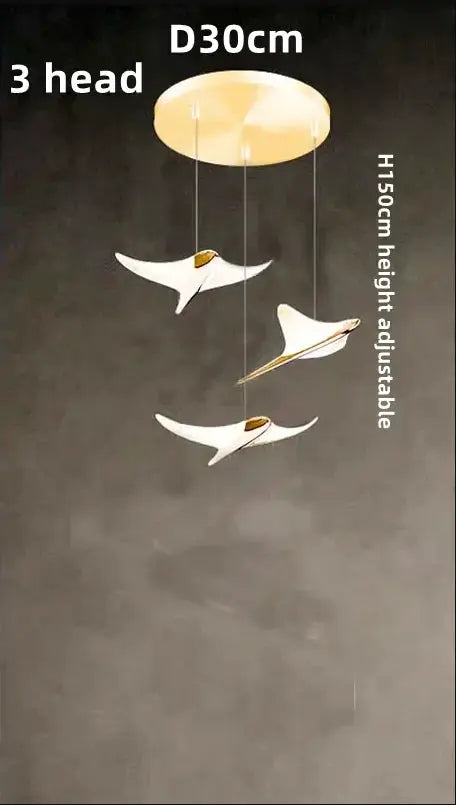 Seagull staircase pendant lamp with three white bird-shaped shades and circular canopy, adjustable height