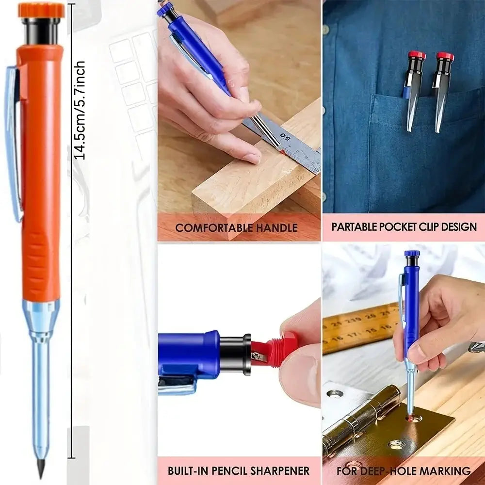 Solid Carpenter Pencil Set by Simples Market with 16 refills; blue/orange 2.8mm deep-hole markers for woodworking