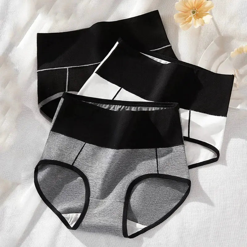 3-pack high-waist cotton women's panties; color-blocked black, white and gray, plus size M-4XL