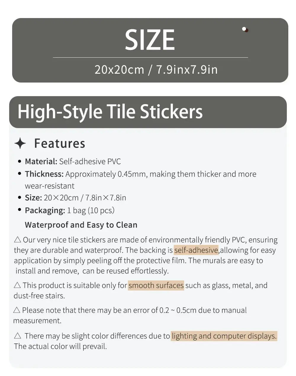 10-piece abstract matte wall tile stickers by Simples Market, self-adhesive PVC, 20x20 cm.