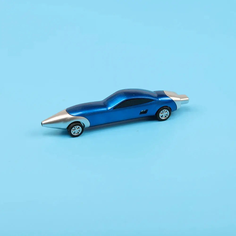 One-piece blue metallic car-shaped ballpoint pen with silver nose and tail.