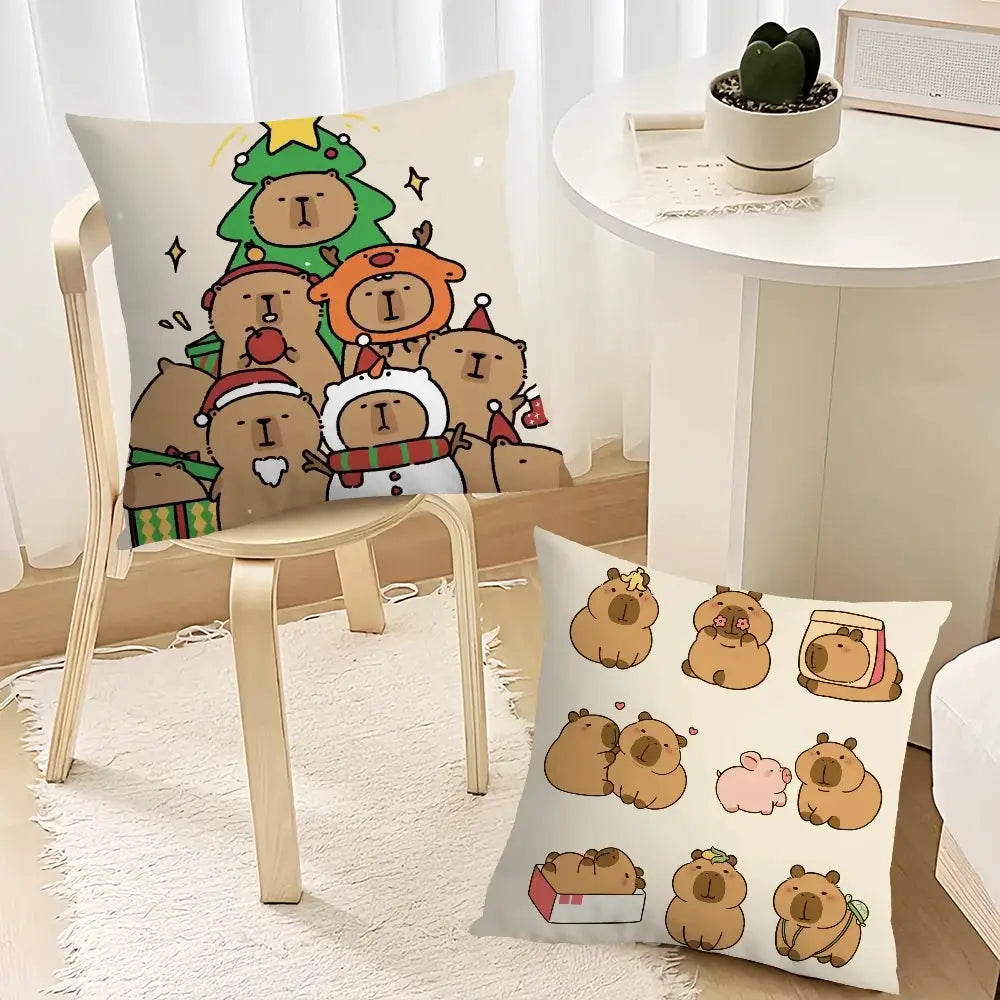 Capybara Cartoon Pillow Cases set of 2 by Simples Market; cream background with cute brown capybaras.