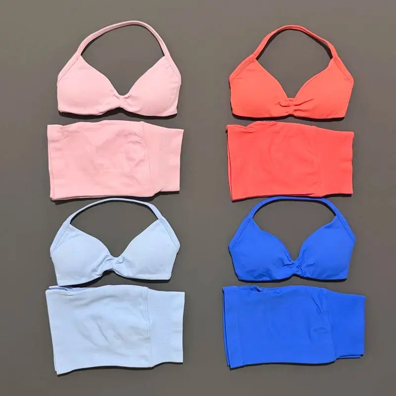 Histello 2 Piece Women Yoga Set Strappy Bra Top Scrunch Shorts