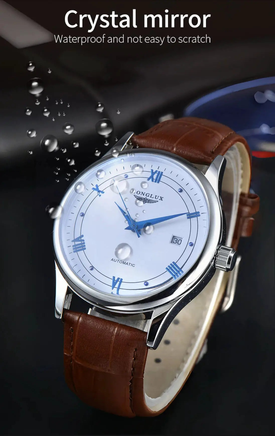LONGLUX automatic men's watch with white dial, blue Roman numerals and hands, date display, brown leather strap