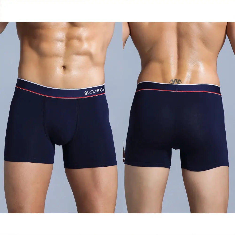 Navy men's boxer briefs with white waistband and red piping, shown from front and back.