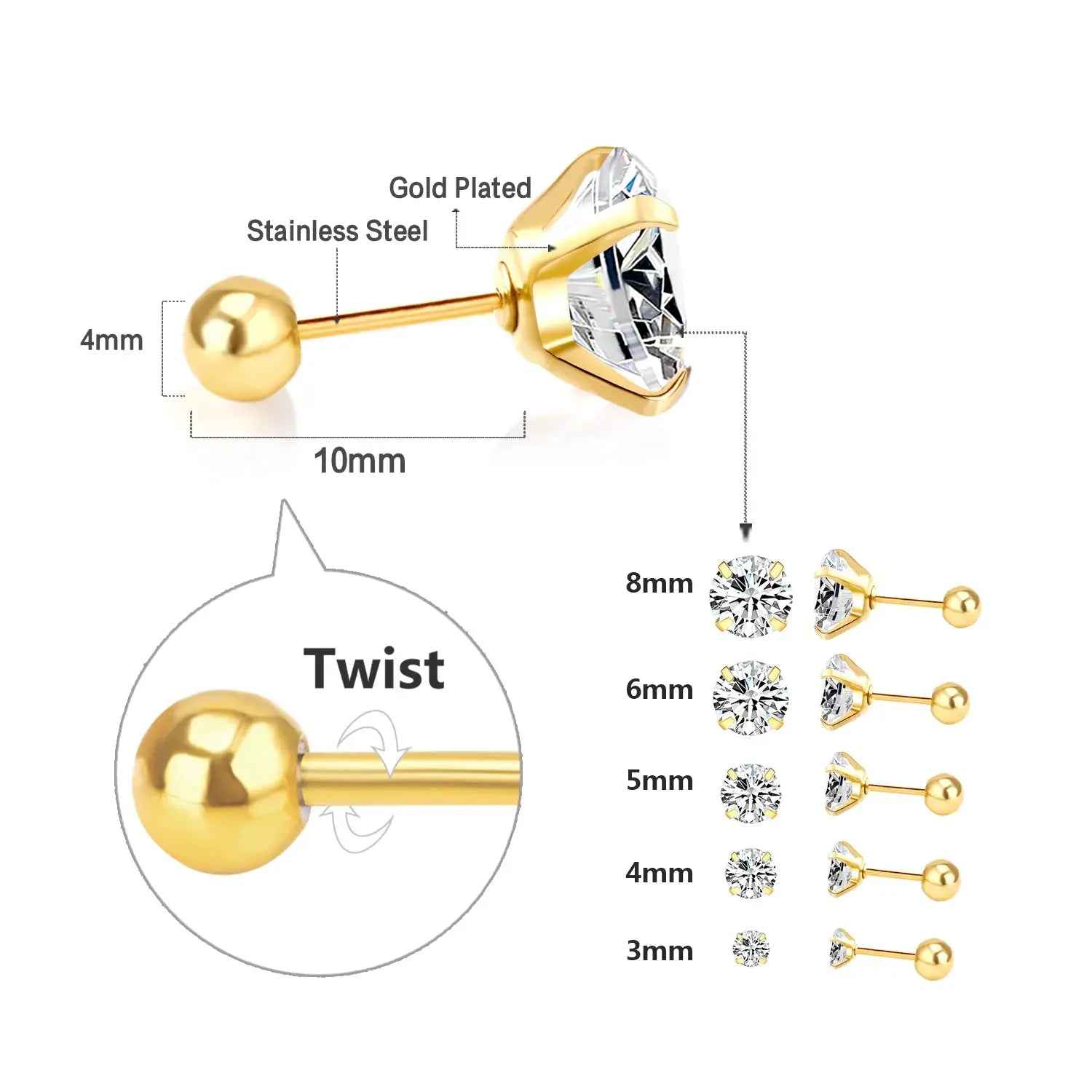 Gold-plated stainless steel crystal stud earrings, unisex pair, 4-prong round cubic zirconia.