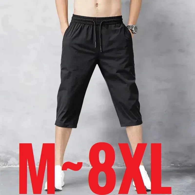 Men's black 3/4 length Bermuda shorts, quick-dry ice-silk fabric, elastic drawstring waist
