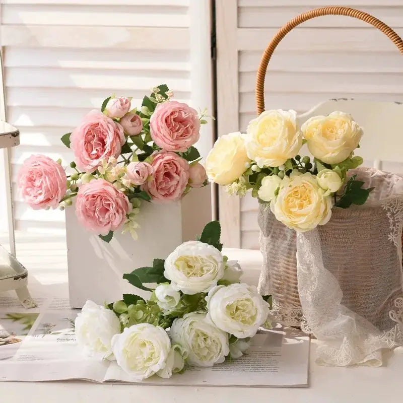 30cm Rose Pink Silk Peony Bouquet With Five Large Heads And Four Buds For Wedding And Home Decor Artificial Flower