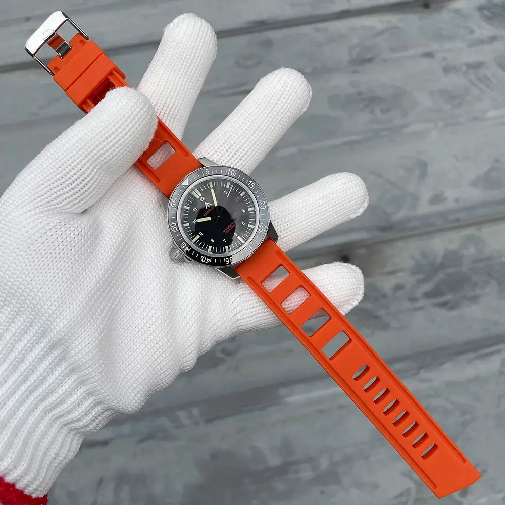 STEELFLIER SF783 diver watch with orange silicone strap, black dial, silver bezel, luminous markers