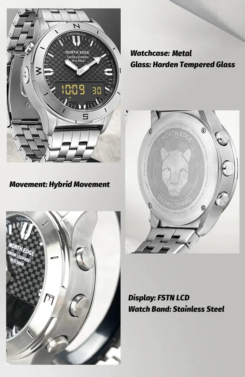 North Edge Men's Sports Digital Watch with stainless steel band and FSTN LCD display