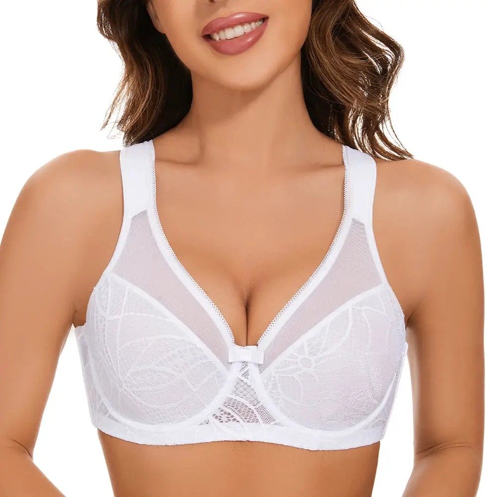 Sheroine Plus Size Underwire Bra with lace floral minimizer, full-coverage unpadded white