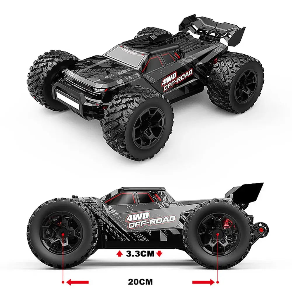 Simples Market MJX Hyper Go 1/14 brushless RC car, black with red accents, 4WD off-road, dual shells