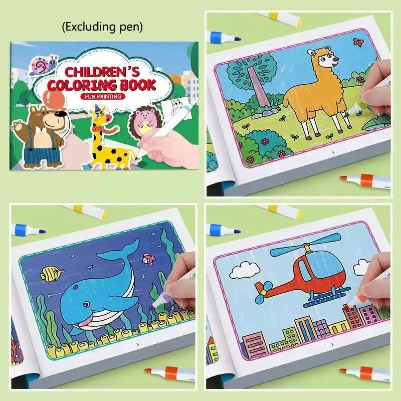 Children's coloring book set with 4 colorful illustrated pages featuring animals, whale, llama and helicopter