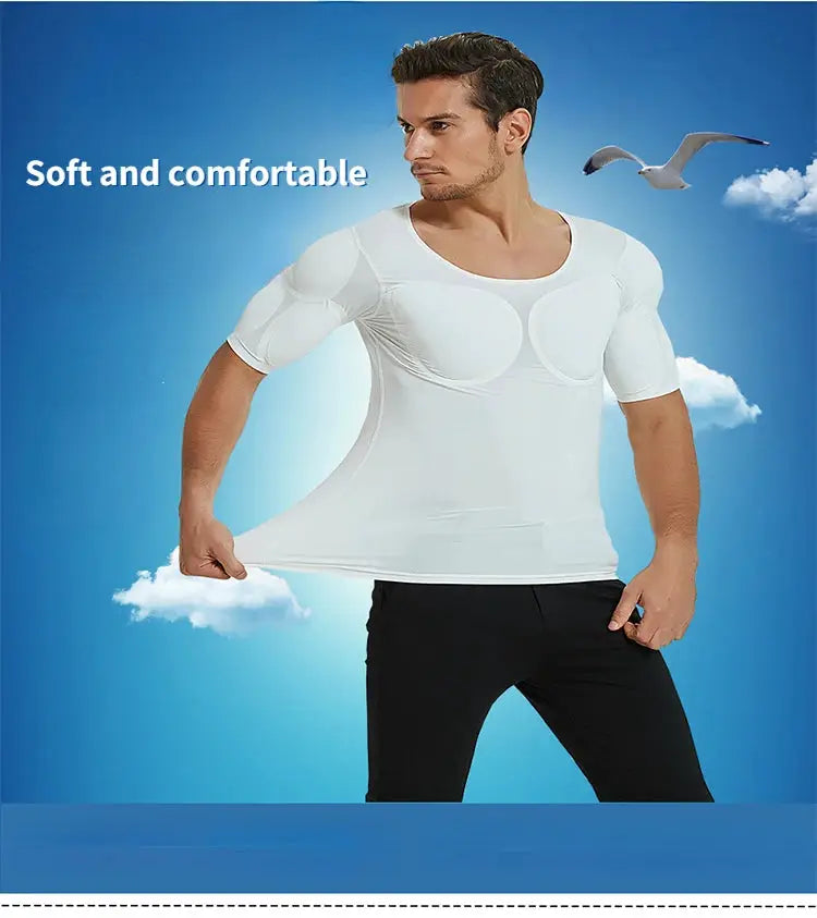 White 3D muscle shirt for men with chest and arm padding; compression body-shaper undershirt.