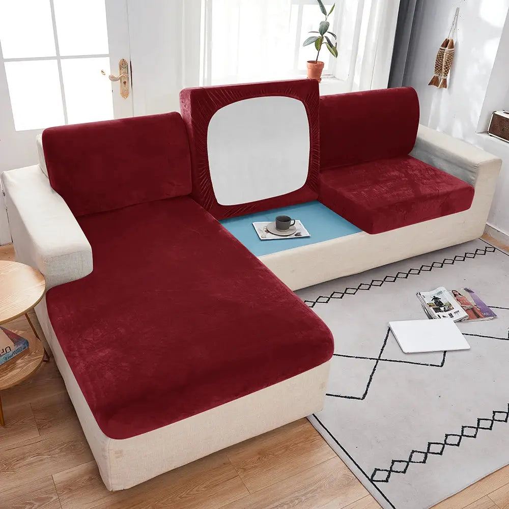 Simples Market 1pc plush sofa slipcover in red velvet with anti-slip elastic on beige sectional sofa
