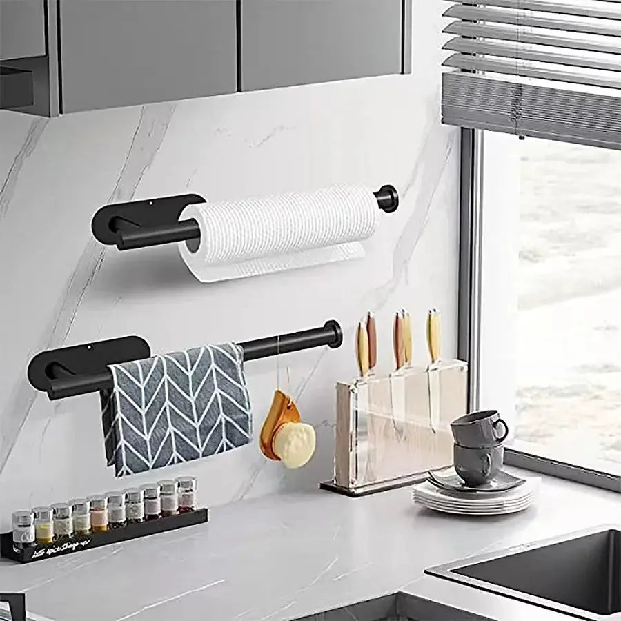 Kitchen paper towel holder and towel bar set by Simples Market, black adhesive wall mounts