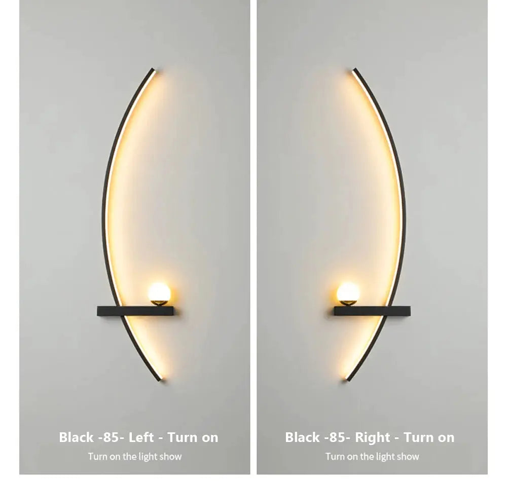 LED wall lamp black crescent design (55/105cm); pair with warm edge lighting and small globe bulb shelf