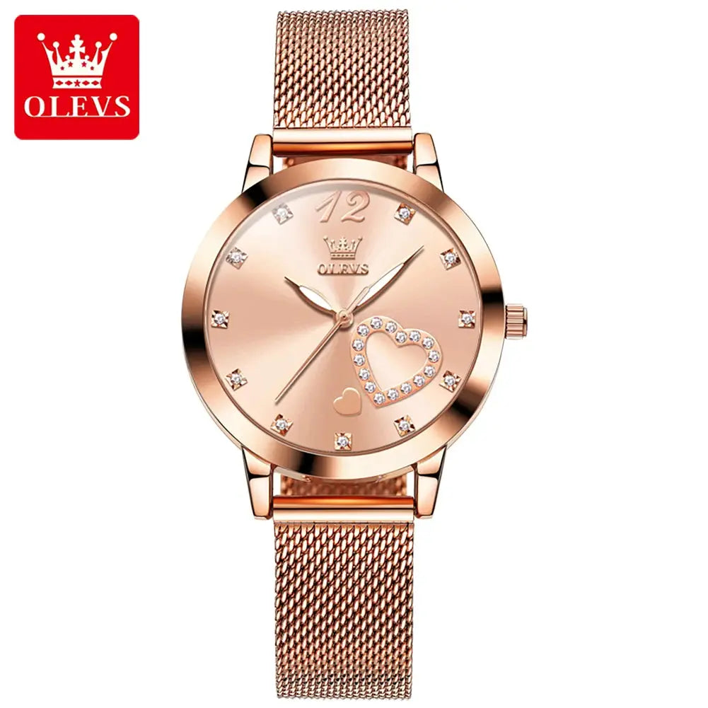 OLEVS 5189 women's rose-gold quartz watch with mesh steel strap and crystal heart dial