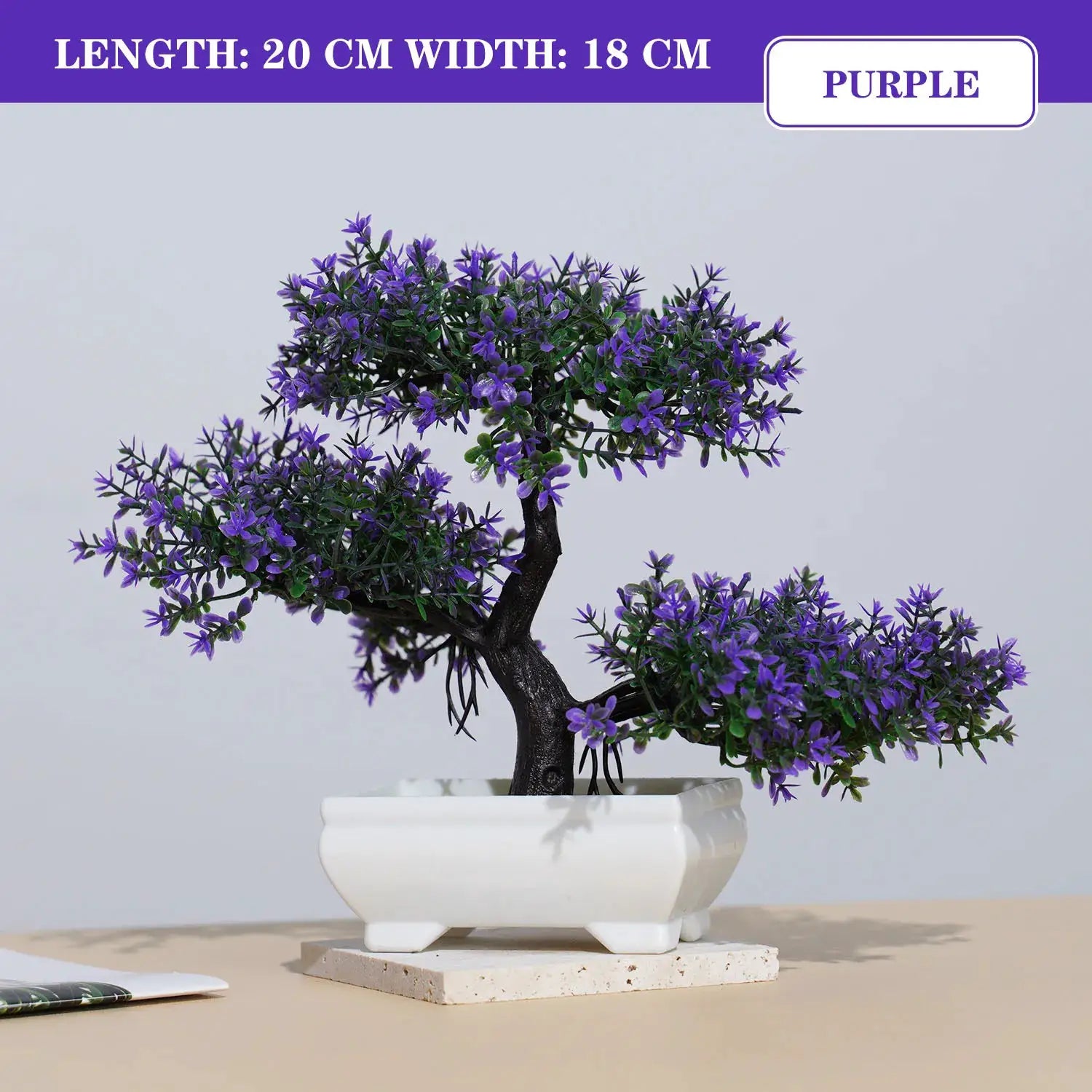 Artificial purple bonsai tree in white ceramic pot, tabletop decor by Simples Market