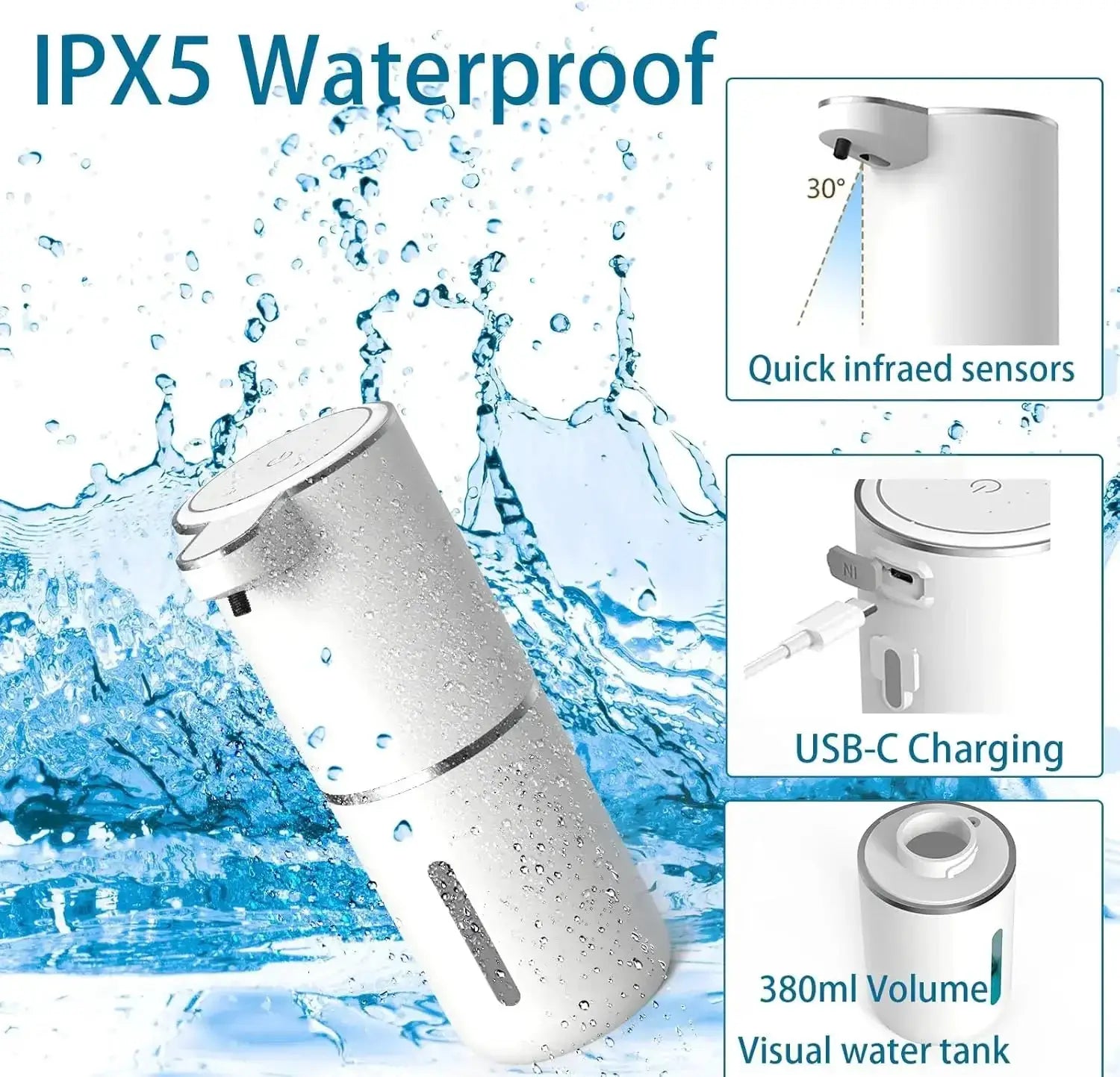Simples Market automatic touchless soap dispenser, USB-C rechargeable, 380ml silver tank, IPX5 waterproof.