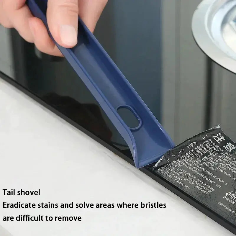 Blue solid plastic 2-in-1 cleaning tool for corners and gaps with a flat scraper edge for bathrooms and tile grout