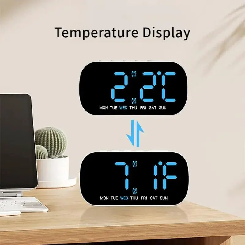Digital alarm clocks by Simples Market; black USB-powered LED displays show temperature, date, week and dual alarms (2)