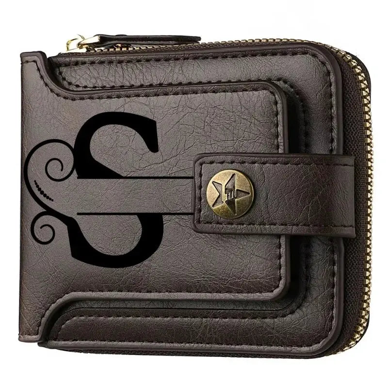 Personalized PU leather chain short wallet for men; brown bifold with brass-tone hardware and zip closure