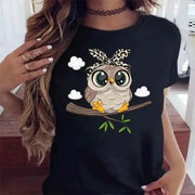 Cartoon Owl Print Women T Shirt Kawaii Graphic Tee Casual Short Sleeve O Neck Harajuku Style Black