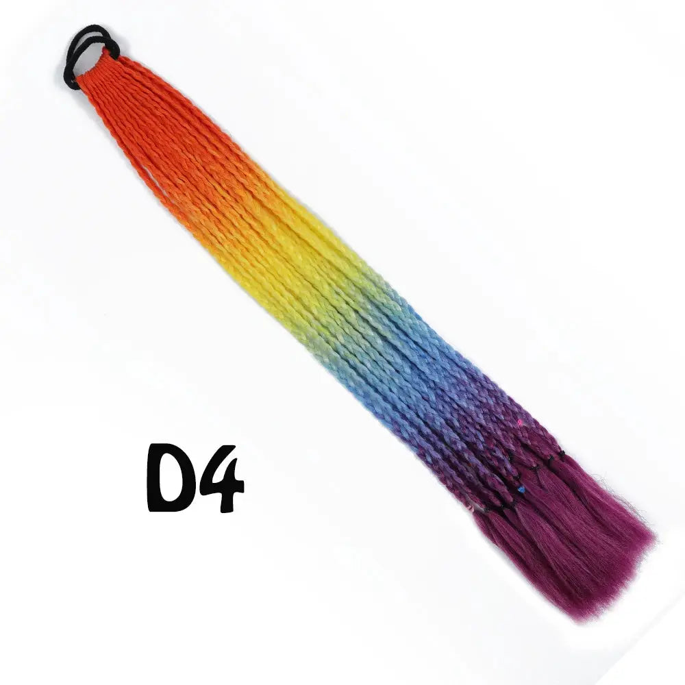 Synthetic gradient rainbow braided ponytail extension with elastic band, 24 inches long.