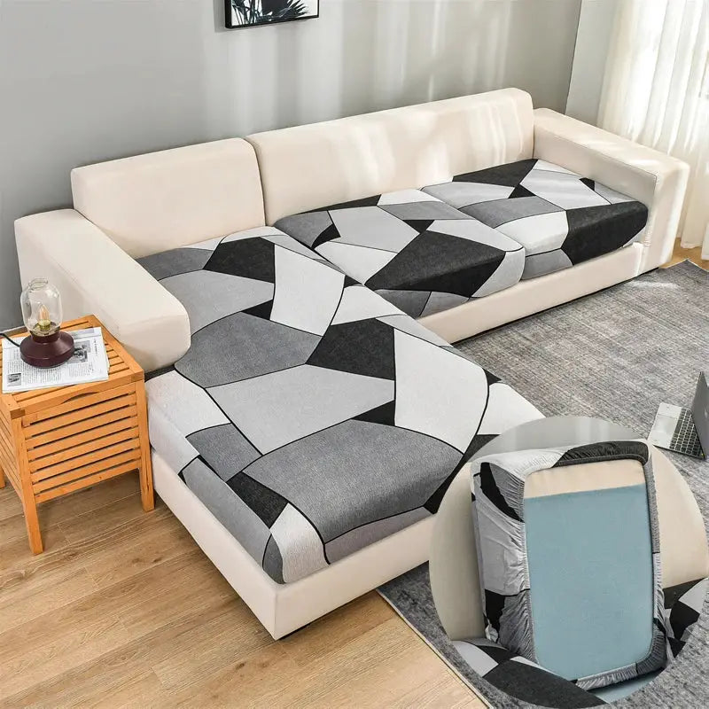 Geometric print sofa cover for corner sectional, elastic stretch fabric in grayscale to protect against pets