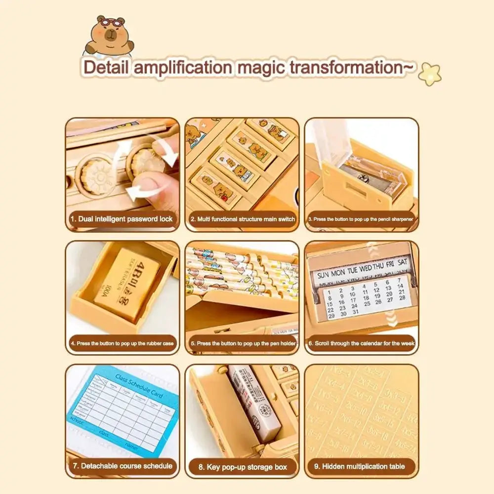 Capibara ABS pencil case, colorful capybara design with password lock and multiple pop-up storage compartments.