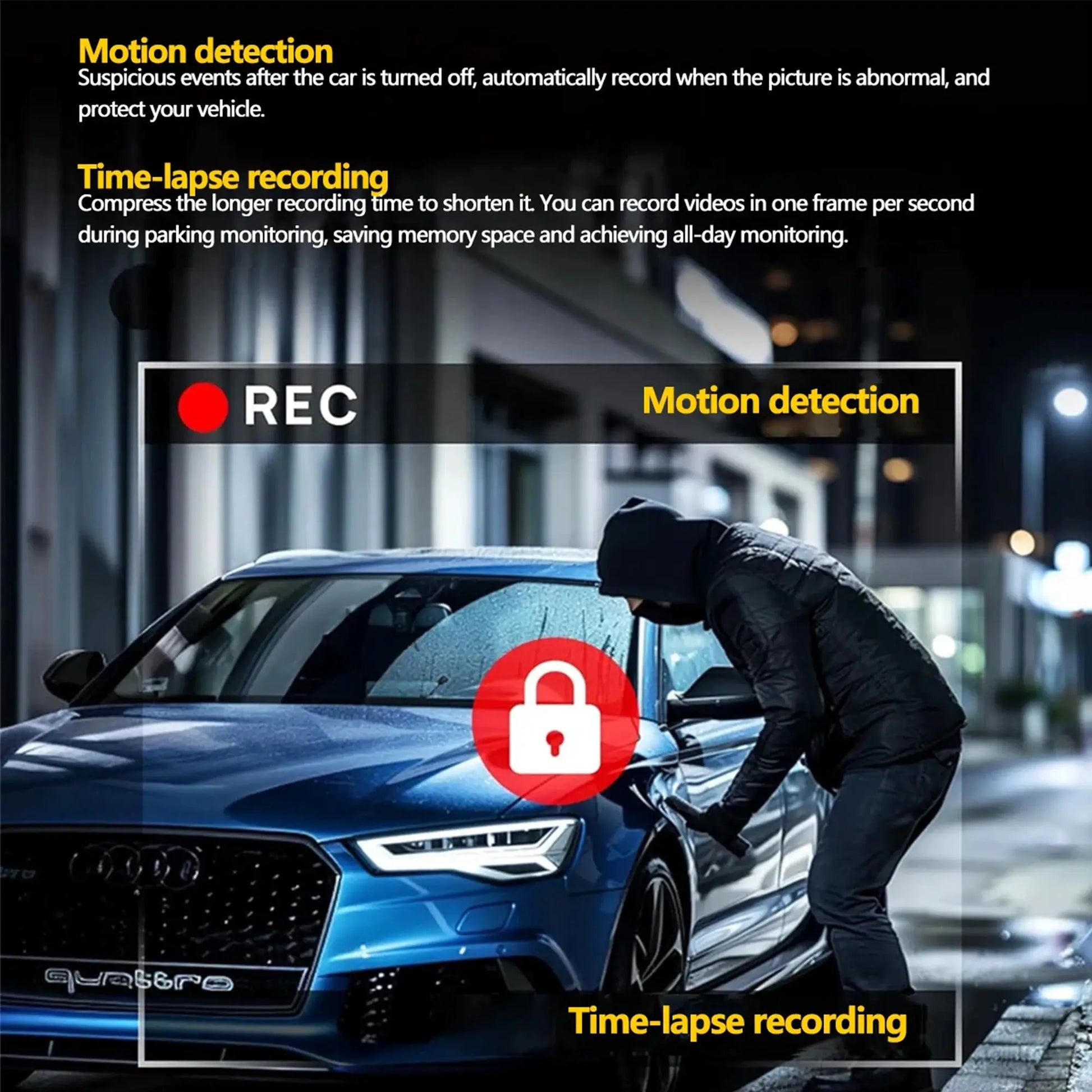 4-channel WiFi dashcam with front, left, right and rear cameras, night vision and loop recording.